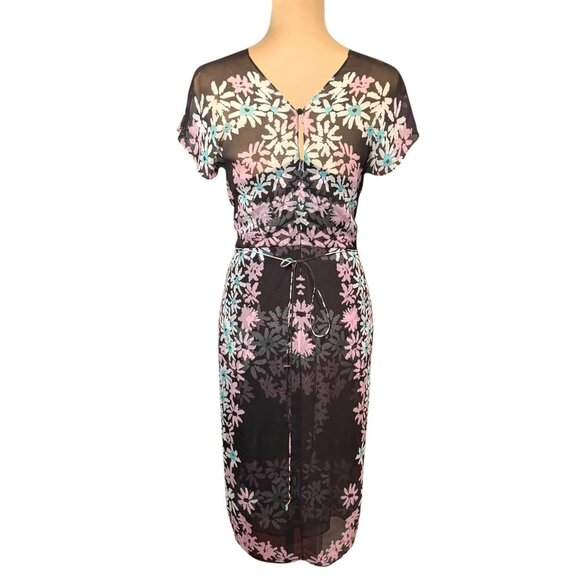 Diane von Furstenberg Floral Silk Dress Sz.6 Blue Brown Sort Sleeve Fairy Party - Picture 3 of 14